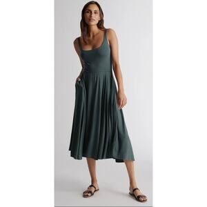 Quince Tencel Jersey Fit & Flare Dress in Dark Olive. Size S